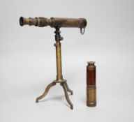 A brass telescope on tripod stand, signed Ottway, Ealing, 28cm high, together with a three-draw