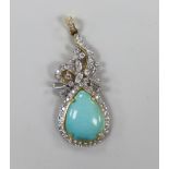 A modern 750 yellow metal, turquoise and diamond cluster set drop pendant, 47mm, gross weight 6.8