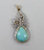 A modern 750 yellow metal, turquoise and diamond cluster set drop pendant, 47mm, gross weight 6.8