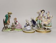 Three German porcelain figure groups, tallest 20cm high