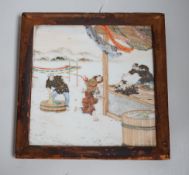 A Japanese enamelled square tile, 20cm, framed