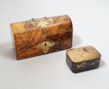 A walnut and brass-studded casket, 19.5cm wide, and a small lacquered box