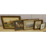 Five various watercolours comprising Still life of flowers, Mountainous landscape, Bird on a