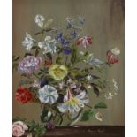 Irene Nash, oil on board, Still life of flowers in a glass vase, indistinctly signed, 29 x 24cm