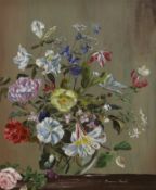 Irene Nash, oil on board, Still life of flowers in a glass vase, indistinctly signed, 29 x 24cm