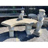A small reconstituted stone curved garden bench, width 110cm, height 44cm, together with a stone