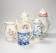 Three Georgian creamware and pearlware teapots, a jug and a mug, tallest 27cm