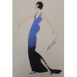 After Erté, gouache, Woman in a blue dress, bears signature, 28 x 19cm