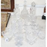 A quantity of cut and engraved glass including salts, decanters, cocktail shaker, rummers etc (30)