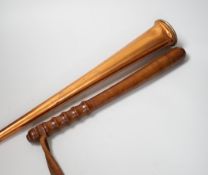 A copper hunting horn by Kohler & Son, a.f., in leather case and a turned wood truncheon, the