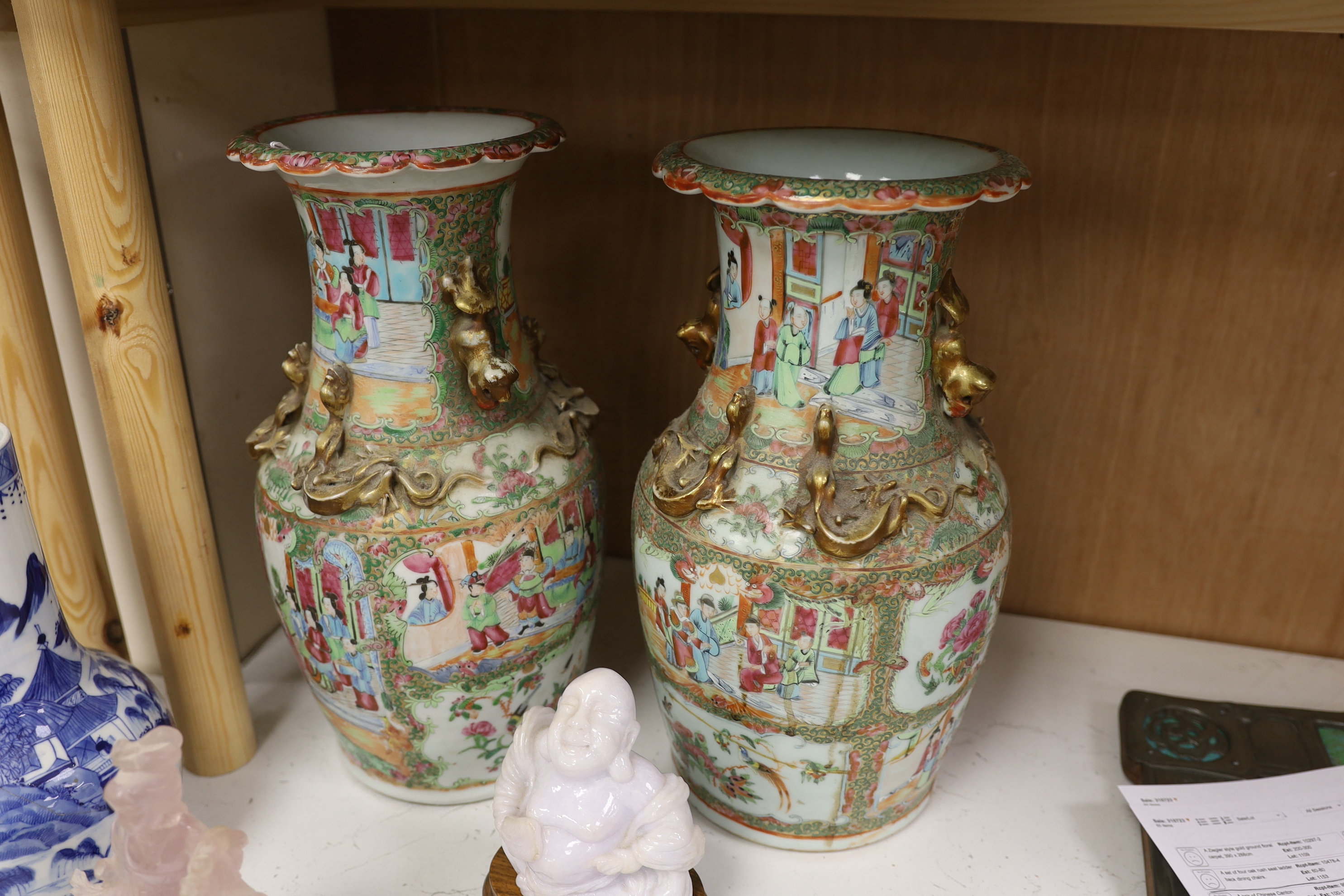 A pair of Chinese Canton decorated famille rose enamelled vases, 36cm high, an early 20th century - Image 6 of 6