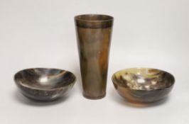 A silver-mounted horn beaker and two bowls, beaker 21cm tall