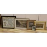 Collection of watercolours, prints and maps including, A.M. Parkin watercolour (initialled)