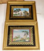 A pair of framed 19th century French beadwork panels, one pastoral scene, the other a boating scene,