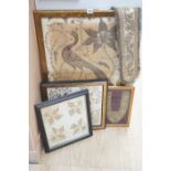 Three framed Indian gold thread embroideries and a similar tie-back, largest 45cm x 74cm