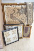 Three framed Indian gold thread embroideries and a similar tie-back, largest 45cm x 74cm