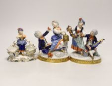Two German porcelain figure groups and figural salt, tallest 17cms high