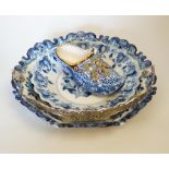 Two delftware dishes, largest 26cm, and a delftware clog,