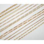 Six assorted modern 9ct gold chains, longest 54cm and a 9ct gold rope twist bracelet, 18cm, 18.5