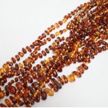 Five assorted single strand amber bead necklaces.