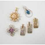 Five assorted modern 9ct gold and gem set pendants, including a set of three demi-lune, 20mm,