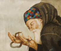 R. Sahil, oil on board, Portrait of a snake charmer, 47.5 x 39cm