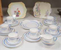 A Shelley Art Deco tea set numbered 795072 and sandwich plate together with a similar Foley plate,