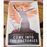 Seven facsimile re-print WWII propaganda posters and a poster of a spitfire