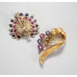 A modern Italian 18k, ruby, sapphire and diamond set floral spray brooch, 42mm and a yellow metal