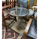 An Eileen Gray style circular chrome and plate glass telescopic coffee table, diameter 48cm