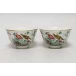 A pair of Chinese famille rose bowls hand painted with birds amongst flowers, each 10cm in diameter