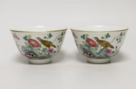 A pair of Chinese famille rose bowls hand painted with birds amongst flowers, each 10cm in diameter