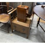 An Art Nouveau oak commode together with a Victorian mahogany microscope case and a wall cabinet