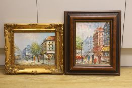 Caroline Burnett (1877-1950), two impasto oils on board, Parisian street scenes with figures, 24 x