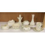 A quantity of Belleek ‘Clover’ pattern ceramics and a Belleek box and cover, tallest 18.5cm