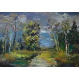 Russian School, impressionist oil on canvas, Woodland landscape, signed, 98 x 68cm