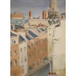 20th century School, oil on board, Town scene with church spire, signed Rowley Gallery label