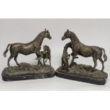 A pair of bronze horse and foals, raised on marble bases, each 22cm high