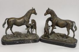 A pair of bronze horse and foals, raised on marble bases, each 22cm high