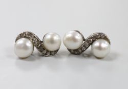 A modern pair of white metal, two stone cultured pearl and seven stone diamond set crossover