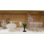 An enamelled glass lemonade set, jug 31cm, a Victorian cut glass jug with plated mounts, etc.