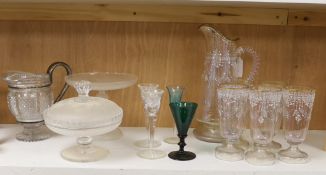 An enamelled glass lemonade set, jug 31cm, a Victorian cut glass jug with plated mounts, etc.