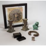 A group of Chinese collectables including bowenite carvings, a bangle, miniature model of Buddha