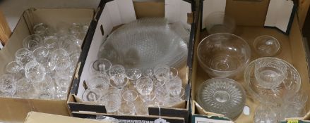 A quantity of mixed cut and moulded glass including beakers, bowls and a set of six fish shaped