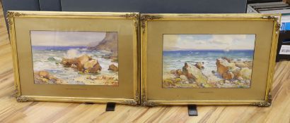 E.L. Hampshire (1919), pair of heightened watercolours, 'The Sunny Cornwall Coast' and 'Stormy