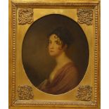 Early 19th century school, circa 1820, oval oil on board, Portrait of a lady, indistinctly inscribed