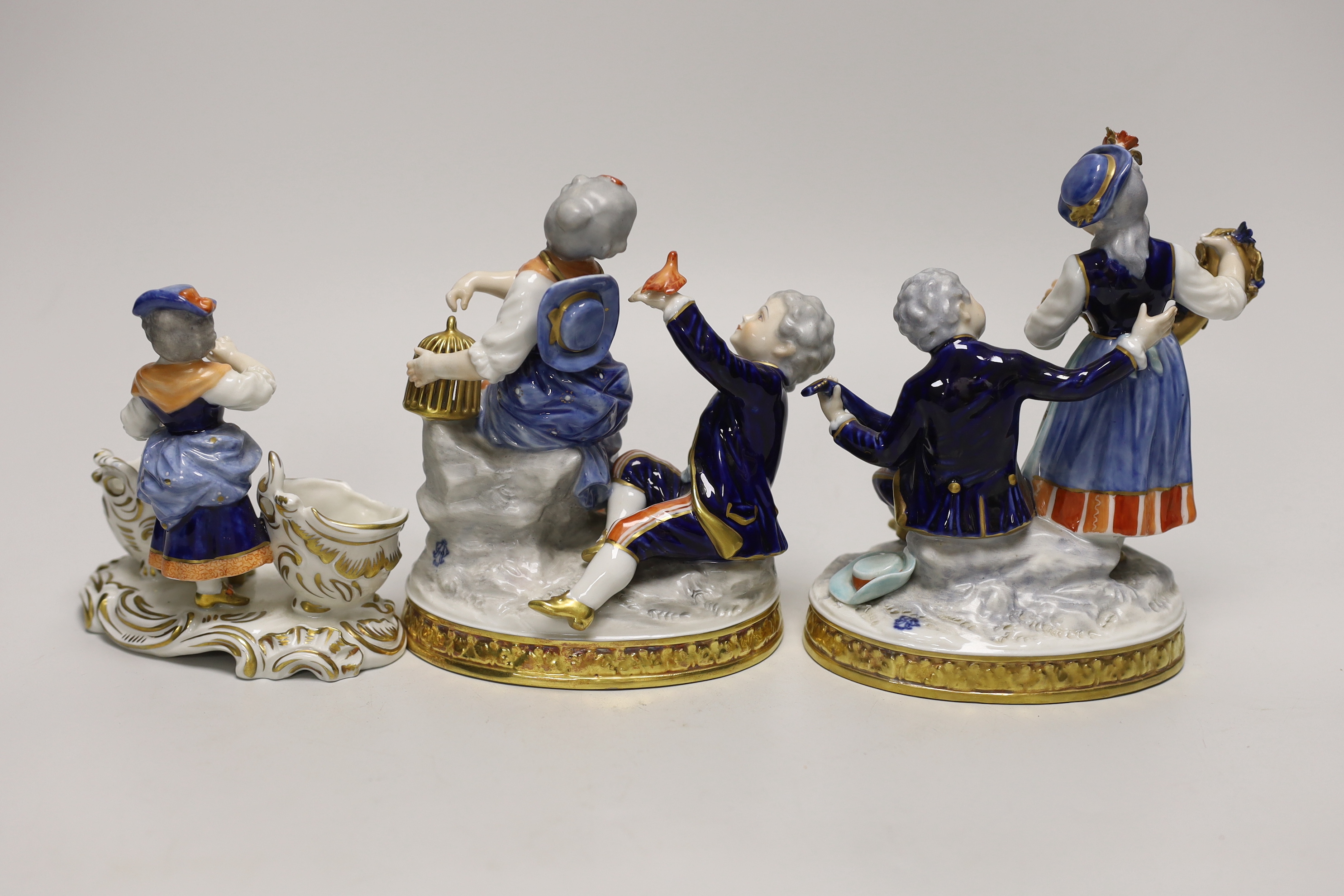 Two German porcelain figure groups and figural salt, tallest 17cms high - Image 2 of 4