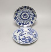 Two Chinese underglaze blue dishes, largest 21cm diameter