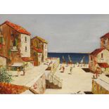 After Cecil Rochfort D'Oyly-John (1906-1993) oil on board, Continental harbour scene with villa’s,