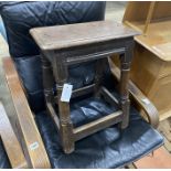 A late 17th century oak joint stool (small repair to top), width 45cm, depth 26cm, height 54cm